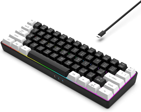 60% Wired Gaming Keyboard, RGB Backlit Mini Waterproof Small Ultra-Compact 61 Keys for Pc/Mac Gamer, Typist, Travel, Easy to Carry on Business Trip (Black-White)