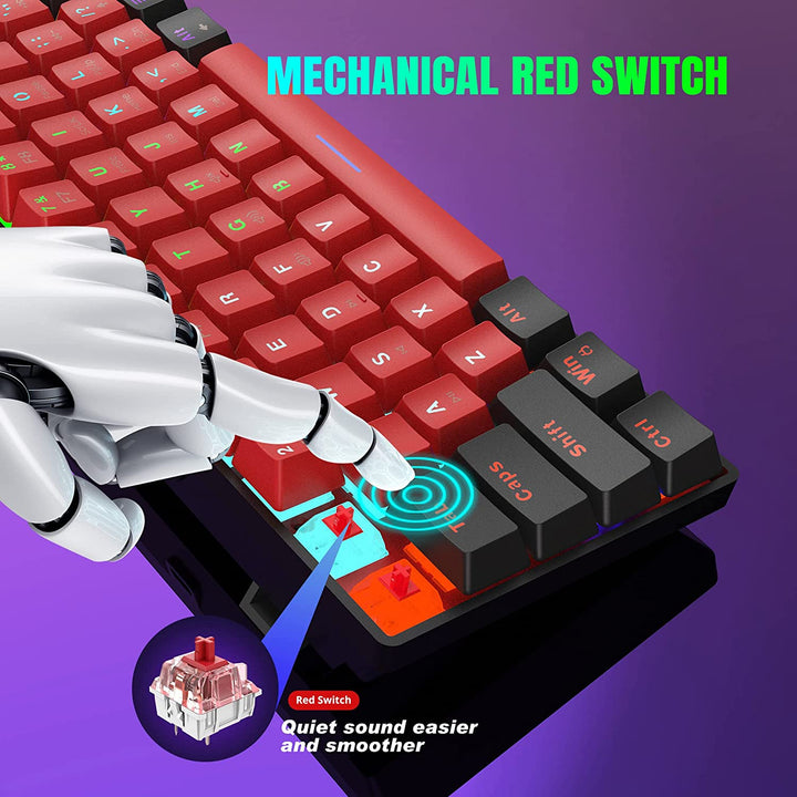 60% Wired Mechanical Keyboard, Mini Gaming Keyboard with 61 Keys for PC, Windows XP, Win 7, Win 10 (Black-Red, Red Switches)