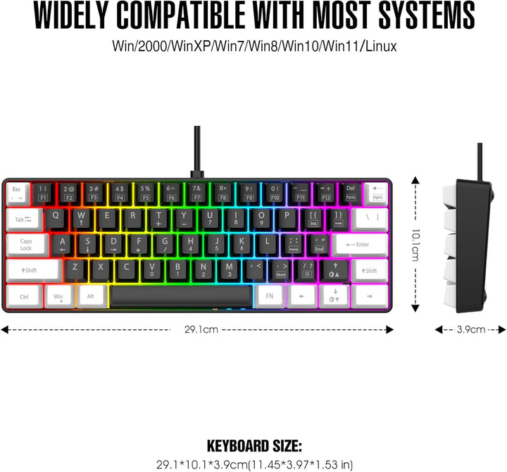 60% Wired Gaming Keyboard, RGB Backlit Mini Waterproof Small Ultra-Compact 61 Keys for Pc/Mac Gamer, Typist, Travel, Easy to Carry on Business Trip (Black-White)