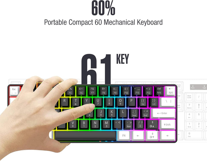 60% Wired Gaming Keyboard, RGB Backlit Mini Waterproof Small Ultra-Compact 61 Keys for Pc/Mac Gamer, Typist, Travel, Easy to Carry on Business Trip (Black-White)