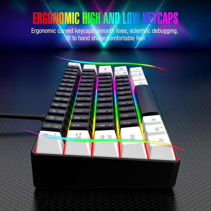 60% Wired Gaming Keyboard, RGB Backlit Mini Waterproof Small Ultra-Compact 61 Keys for Pc/Mac Gamer, Typist, Travel, Easy to Carry on Business Trip (Black-White)