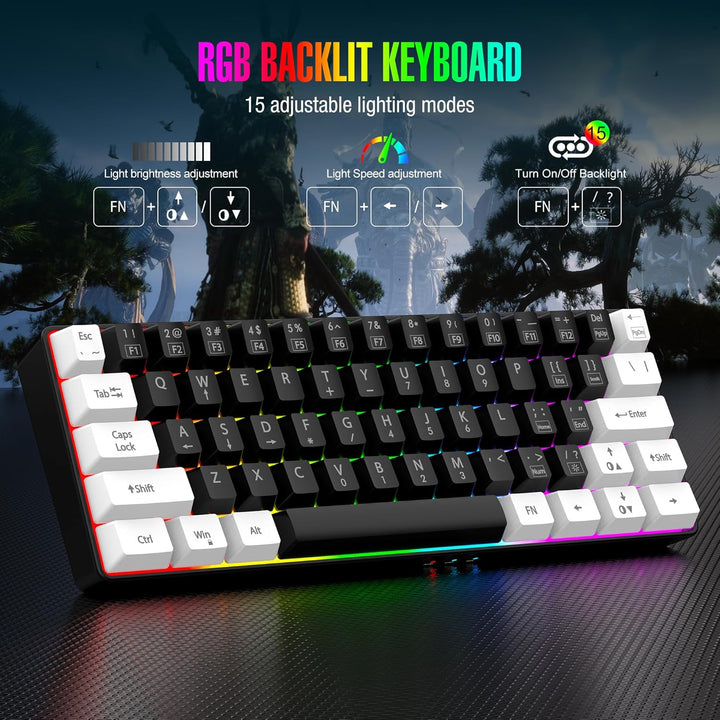 60% Wired Gaming Keyboard, RGB Backlit Mini Waterproof Small Ultra-Compact 61 Keys for Pc/Mac Gamer, Typist, Travel, Easy to Carry on Business Trip (Black-White)